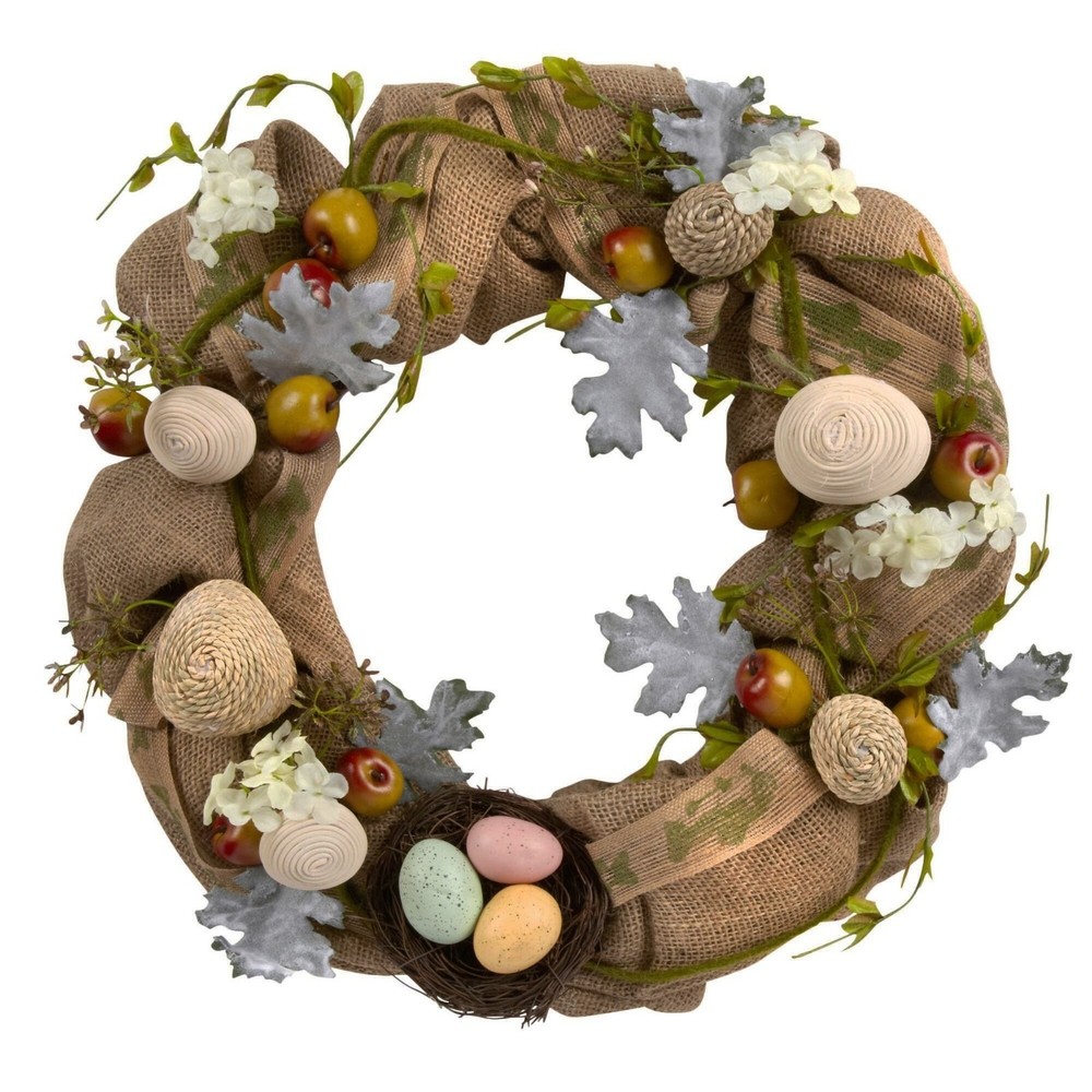 Easter Wreath Burlap Home Decor Apples Eggs Nest Flowers Greenery Spring Country